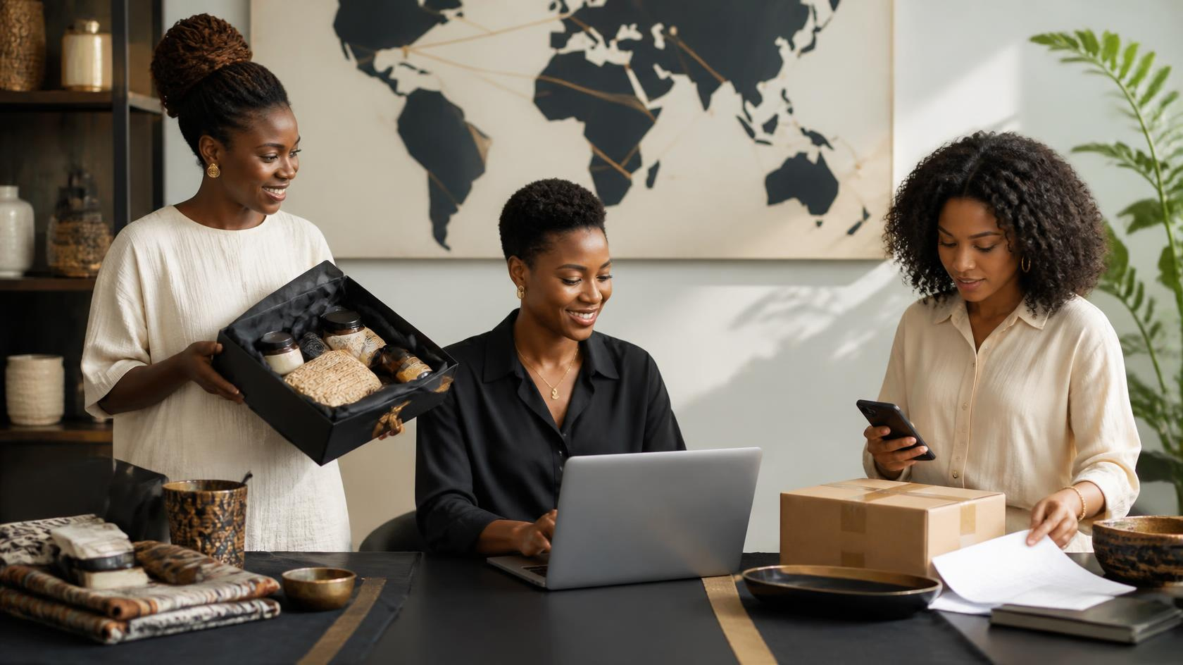 Three women packing an order for export in front of a world map